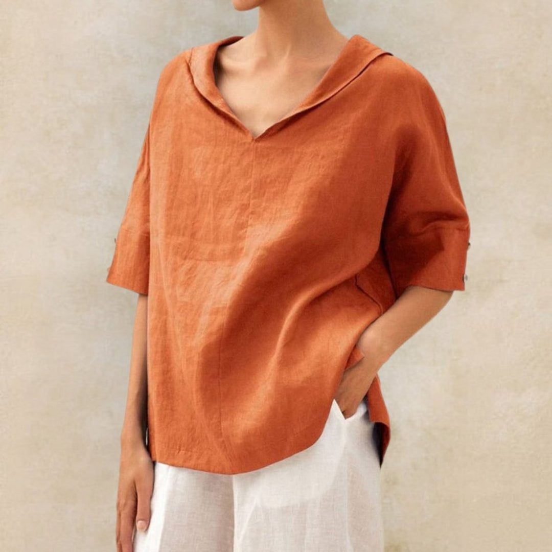 Women's Relaxed Linen Blouse V-Neck Elbow Sleeve Vintage Top