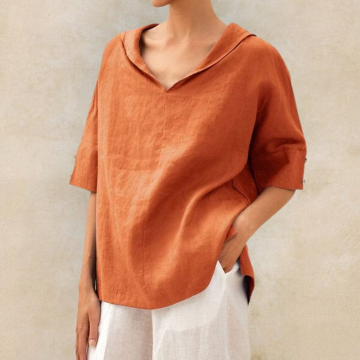 Women's Relaxed Linen Blouse V-Neck Elbow Sleeve Vintage Top