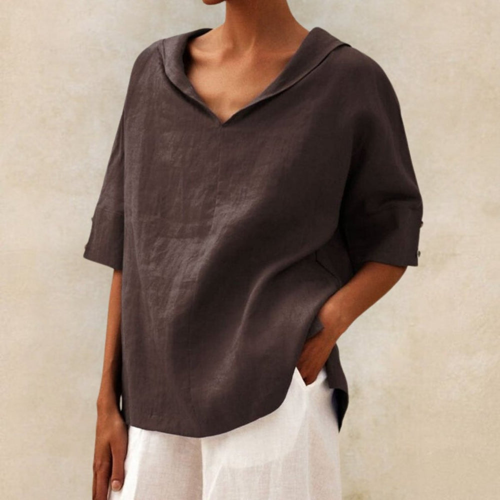 Women's Relaxed Linen Blouse V-Neck Elbow Sleeve Vintage Top