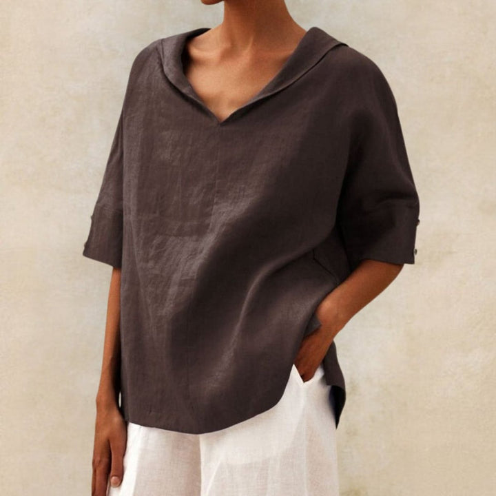 Women's Relaxed Linen Blouse V-Neck Elbow Sleeve Vintage Top