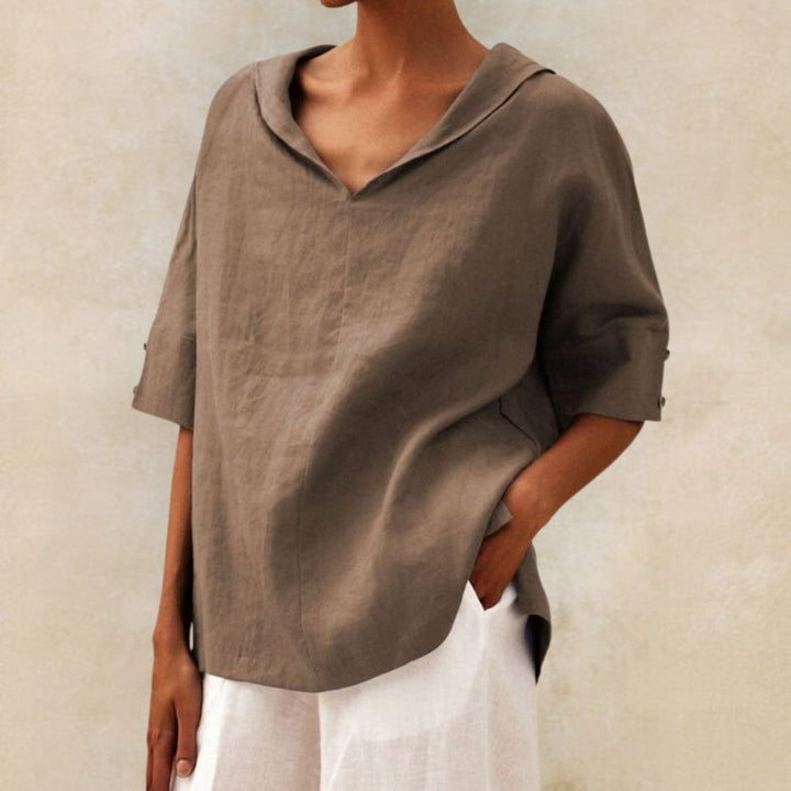 Women's Relaxed Linen Blouse V-Neck Elbow Sleeve Vintage Top