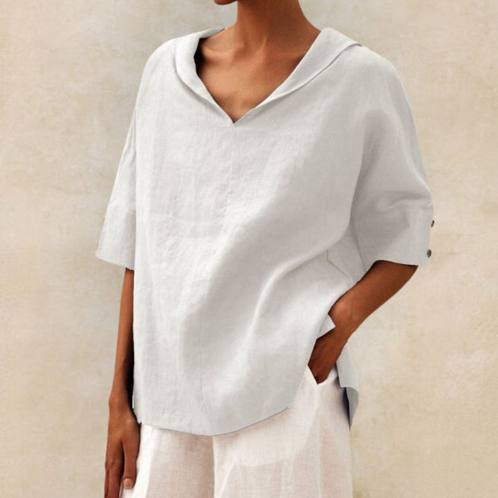 Women's Relaxed Linen Blouse V-Neck Elbow Sleeve Vintage Top
