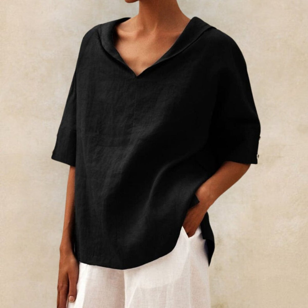 Women's Relaxed Linen Blouse V-Neck Elbow Sleeve Vintage Top