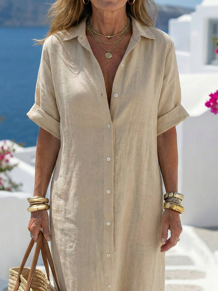 Women's Relaxed Linen Everyday Day Dress Button-Front Midi