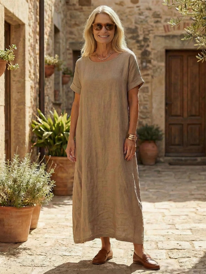 Women's Relaxed Linen Everyday Day Dress Midi Length