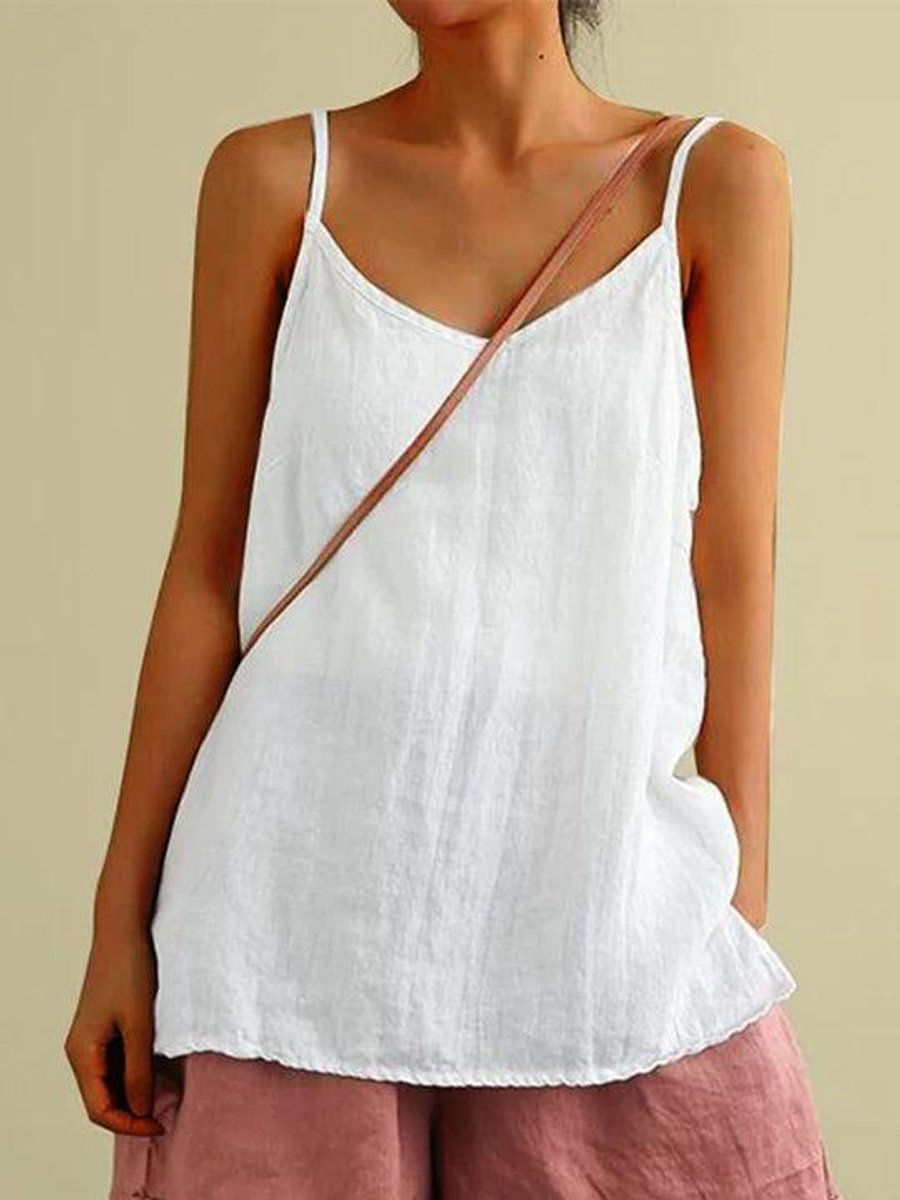 Women's Relaxed Linen Spaghetti Strap Cami Blouse Summer Top