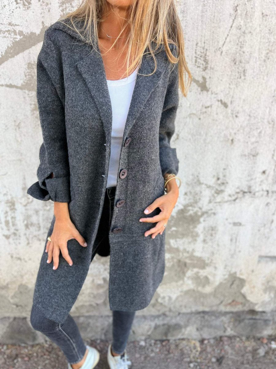 Women's Relaxed Longline Button-Front Wool Coat Lapel