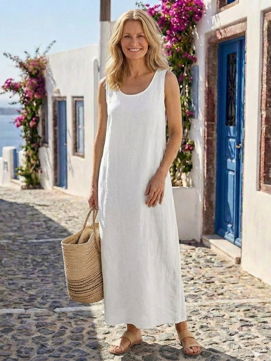 Women's Relaxed Sleeveless Everyday Day Dress Cotton Blend Midi