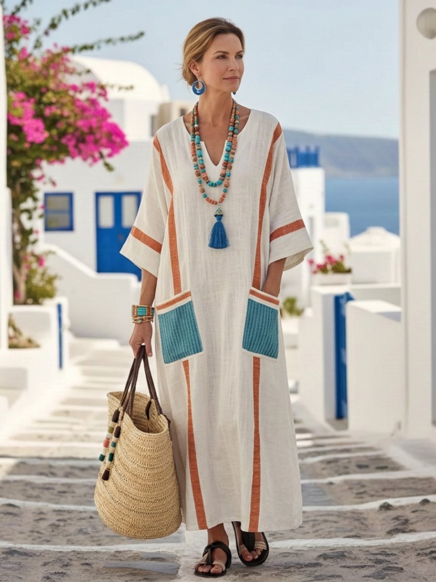 Women's Relaxed V-Neck Everyday Day Dress Pocket Linen Maxi