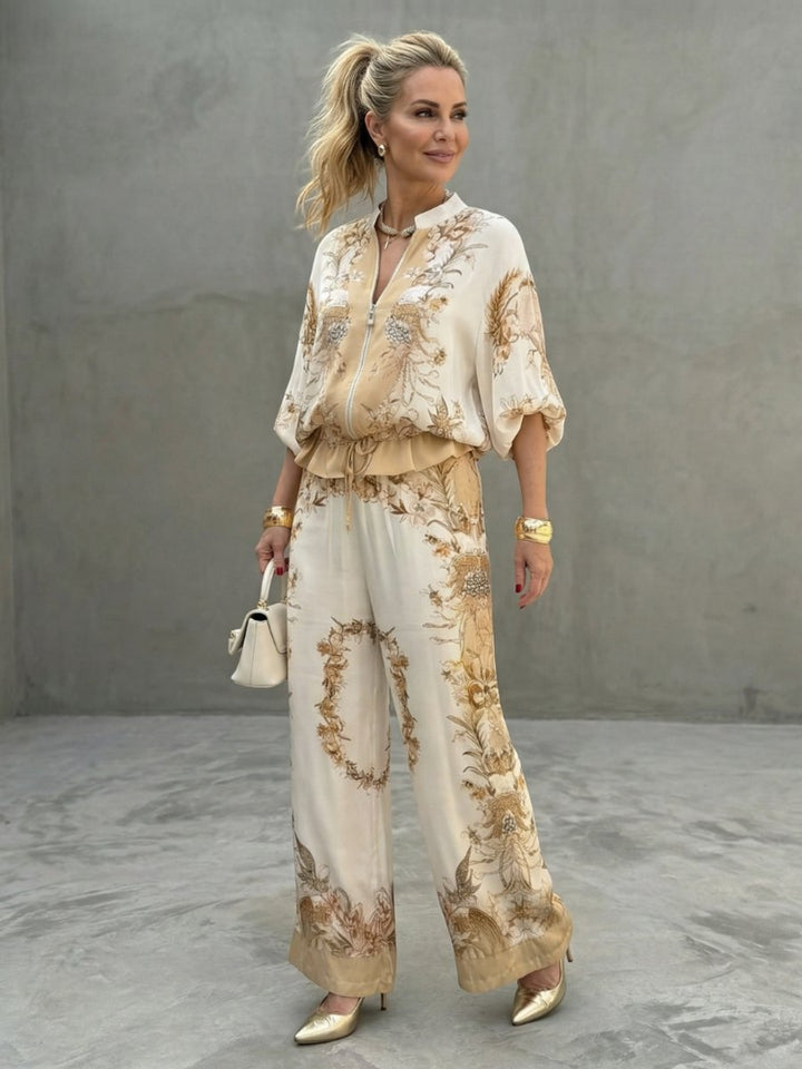 Women's Relaxed Wide-Leg Blouson Zip-Front Printed Two-Piece Set