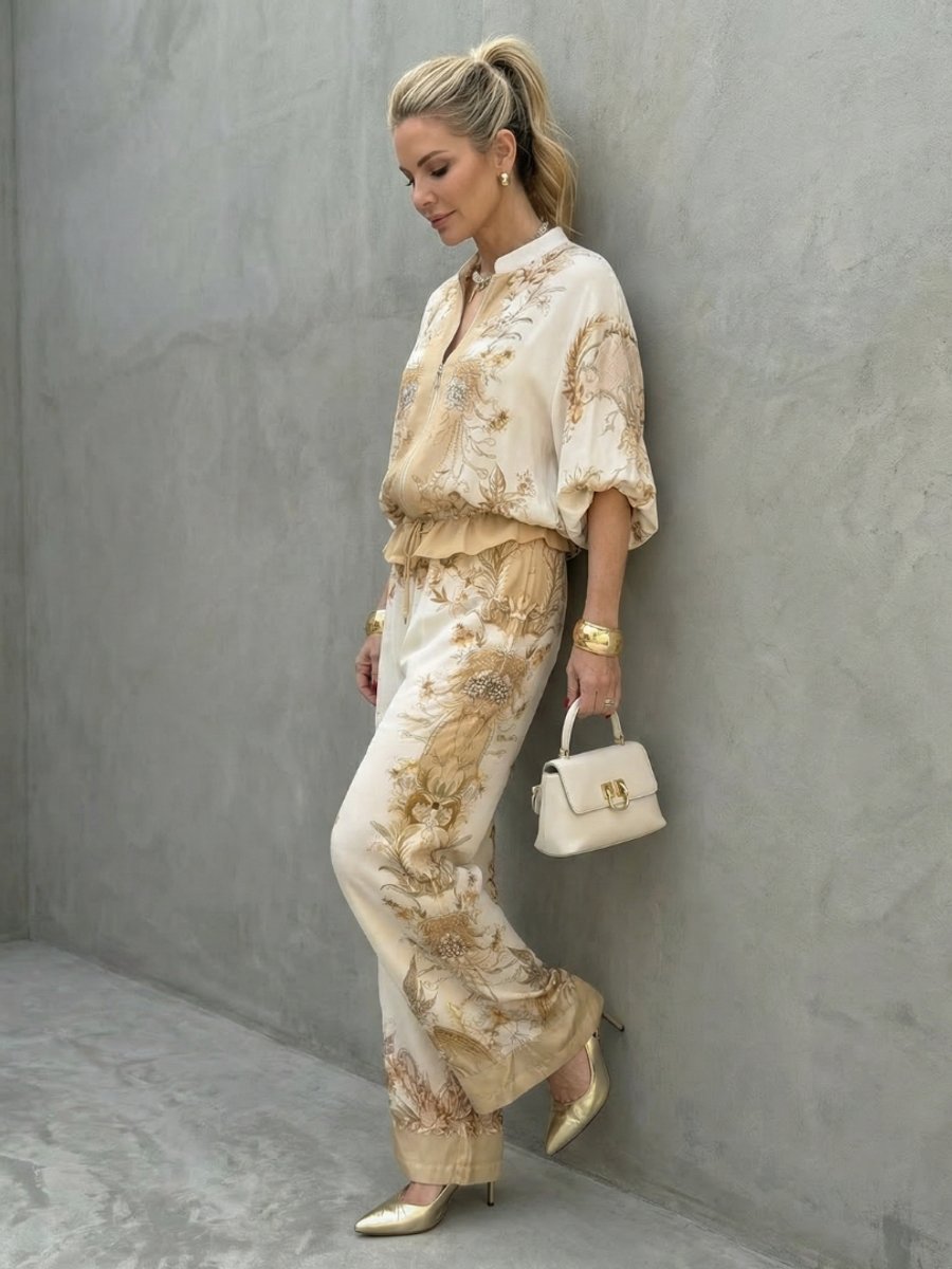 Women's Relaxed Wide-Leg Blouson Zip-Front Printed Two-Piece Set