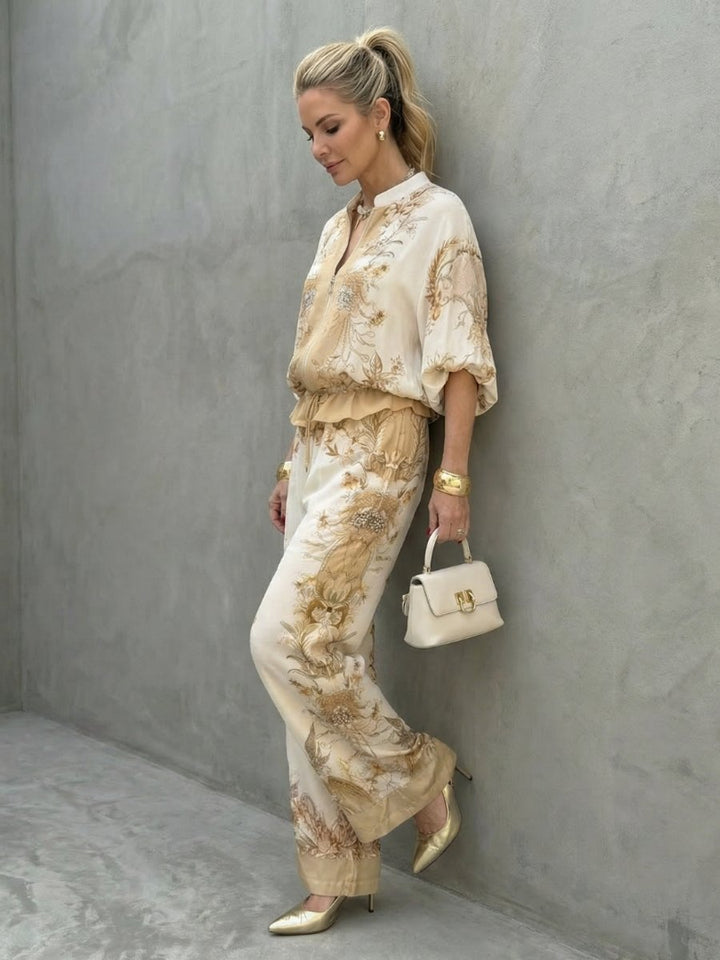 Women's Relaxed Wide-Leg Blouson Zip-Front Printed Two-Piece Set
