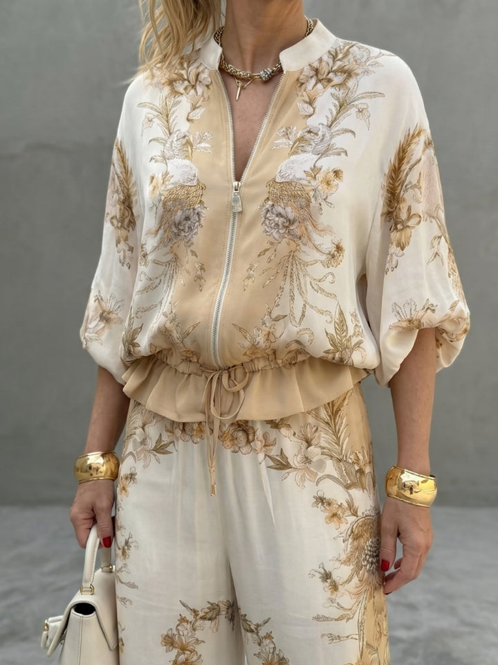 Women's Relaxed Wide-Leg Blouson Zip-Front Printed Two-Piece Set