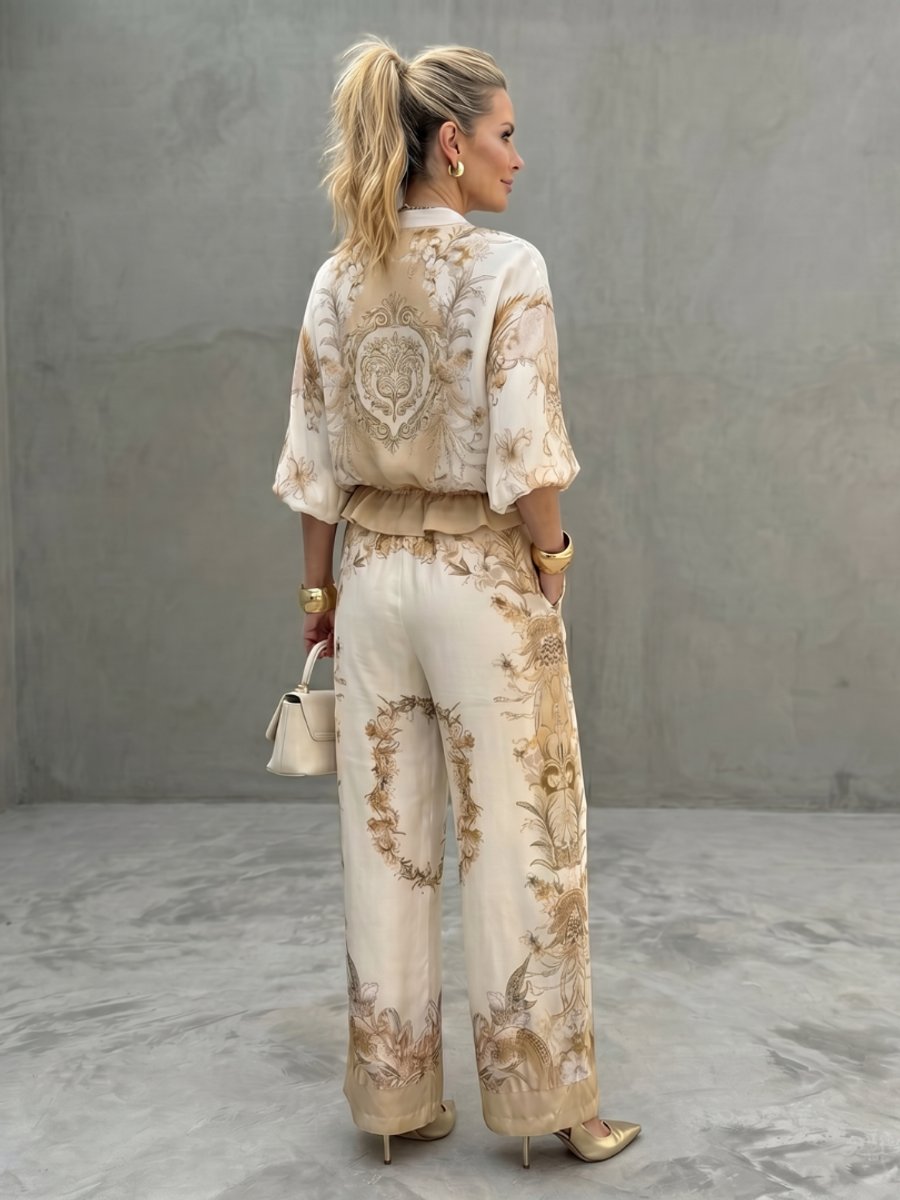 Women's Relaxed Wide-Leg Blouson Zip-Front Printed Two-Piece Set