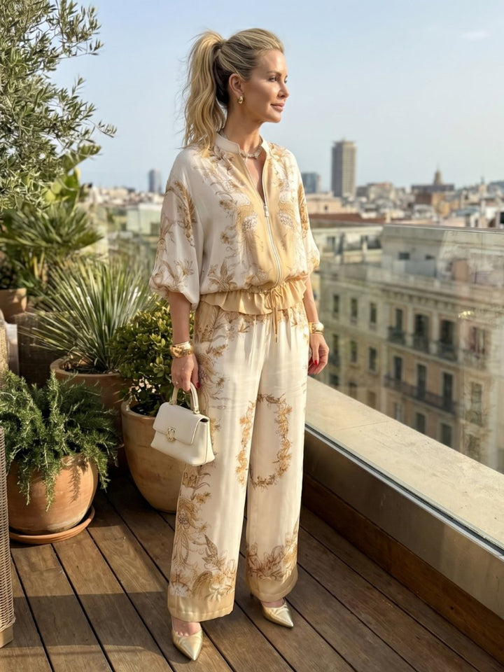 Women's Relaxed Wide-Leg Blouson Zip-Front Printed Two-Piece Set