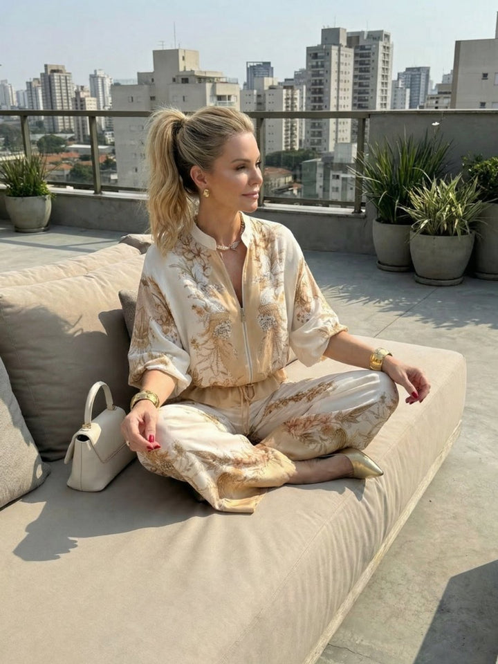 Women's Relaxed Wide-Leg Blouson Zip-Front Printed Two-Piece Set