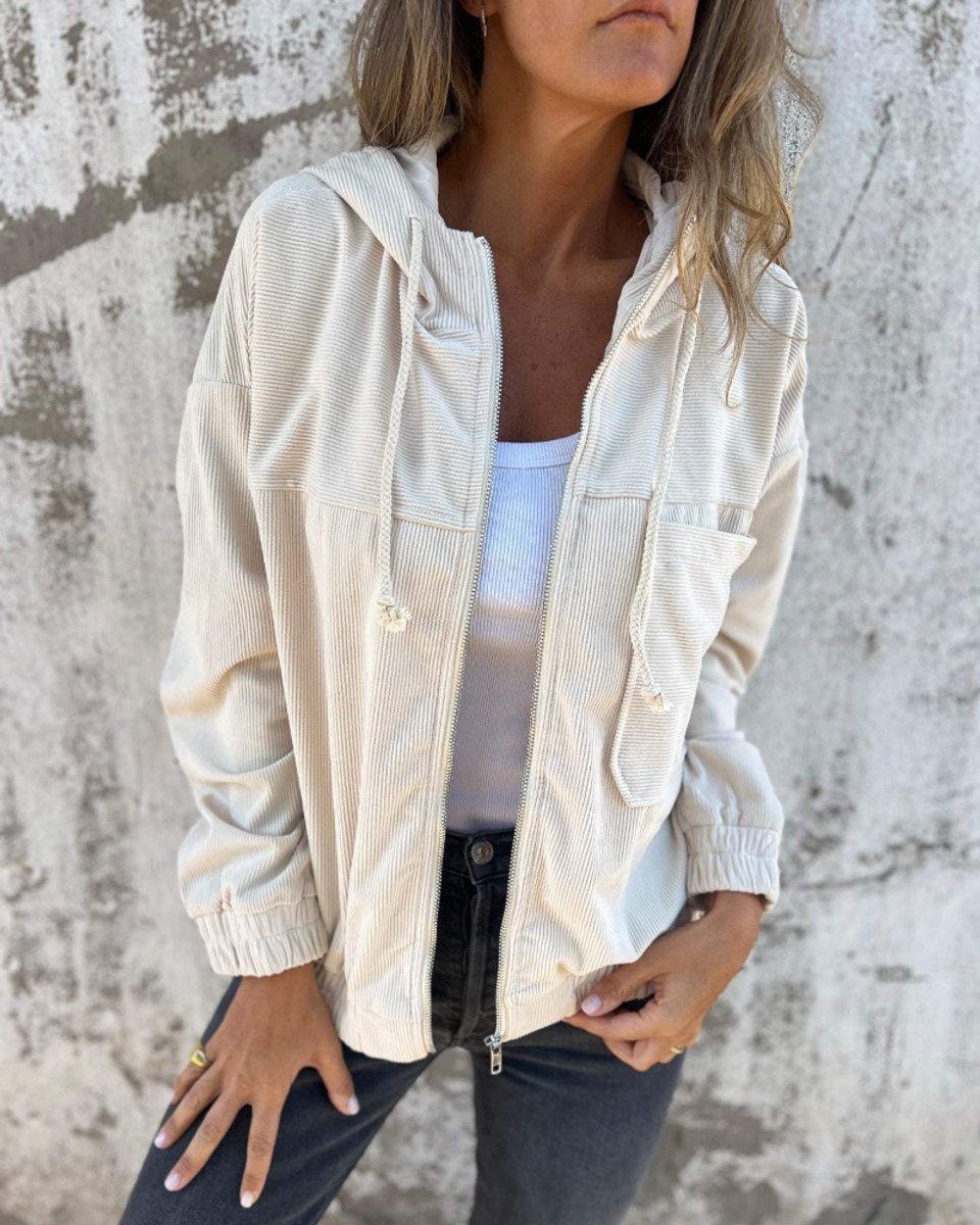 Women's Retro Corduroy Hooded Zip-Up Coat Jacket