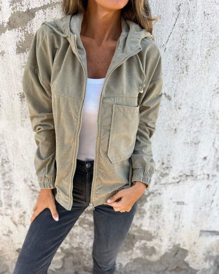 Women's Retro Corduroy Hooded Zip-Up Coat Jacket