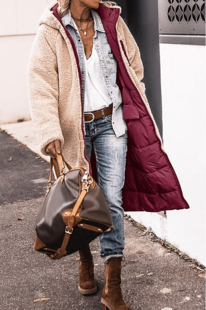 Women's Reversible Teddy Fleece Hooded Winter Coat