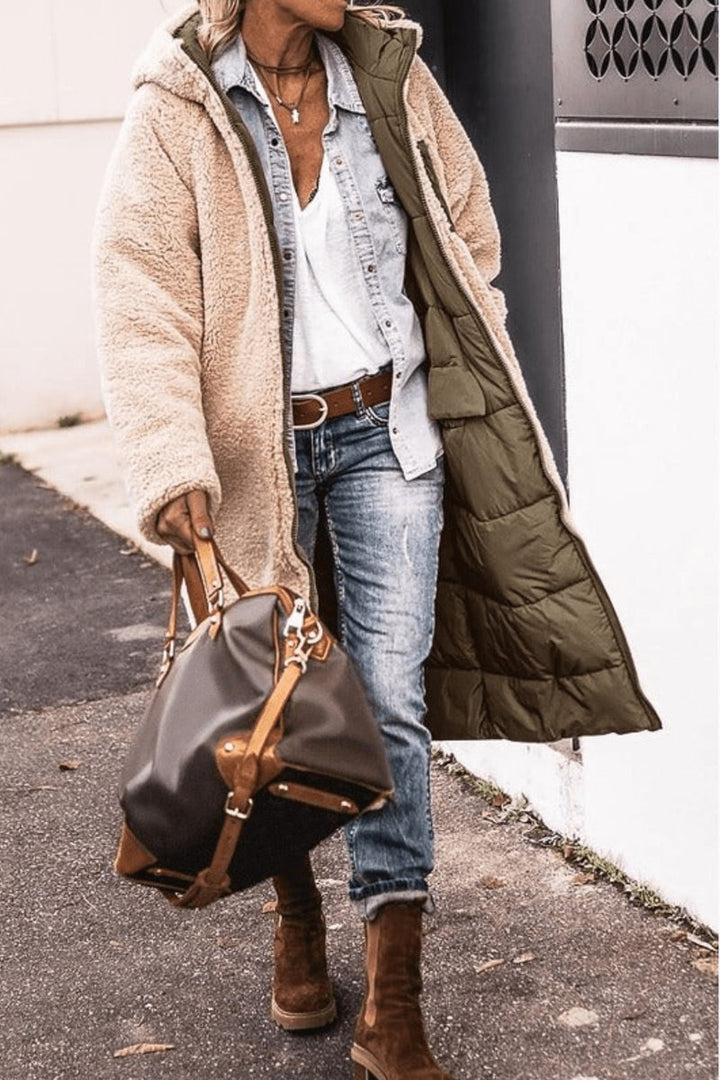 Women's Reversible Teddy Fleece Hooded Winter Coat