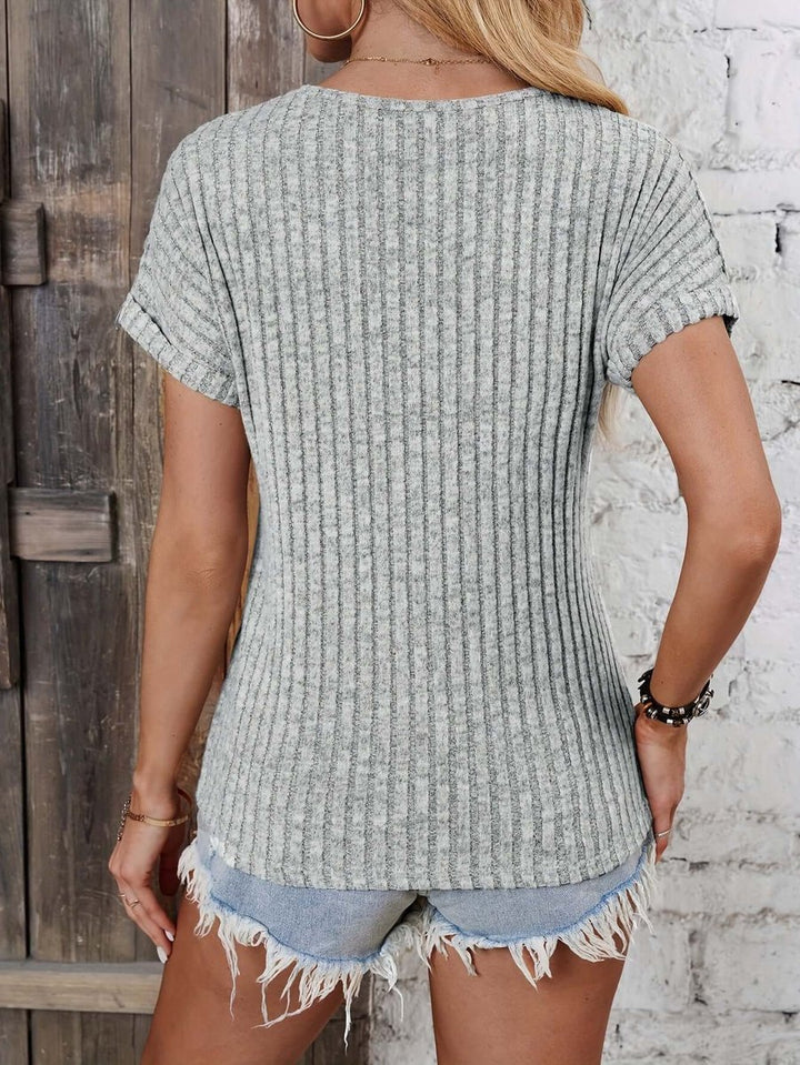 Women's Ribbed Knit Henley Blouse Short-Sleeve Top