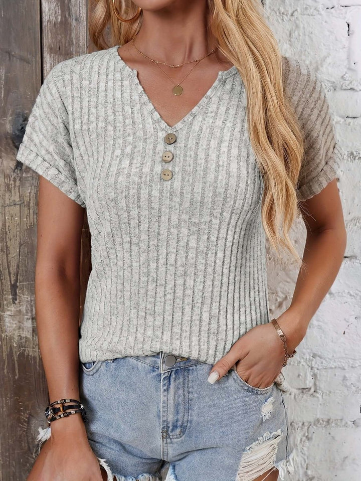 Women's Ribbed Knit Henley Blouse Short-Sleeve Top