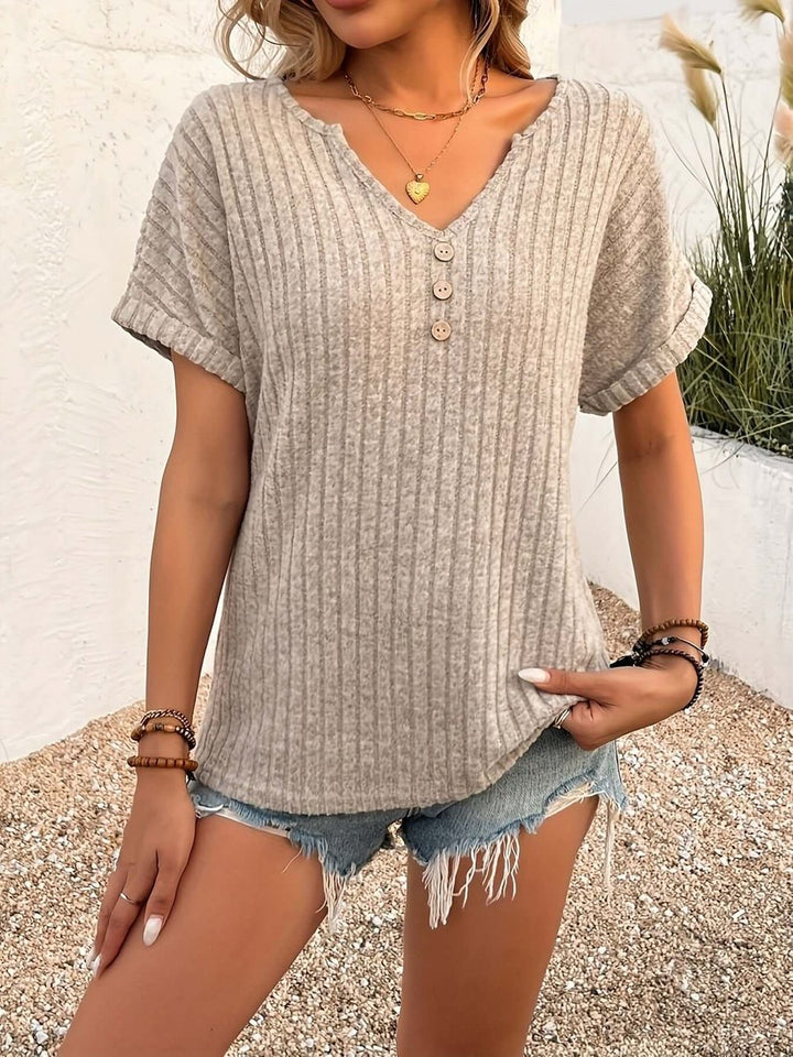 Women's Ribbed Knit Henley Blouse Short-Sleeve Top