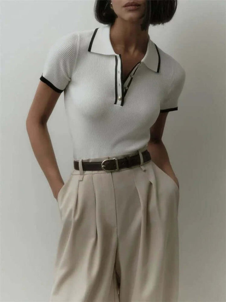 Women's Ribbed Knit Vintage Polo Blouse Short-Sleeve Top