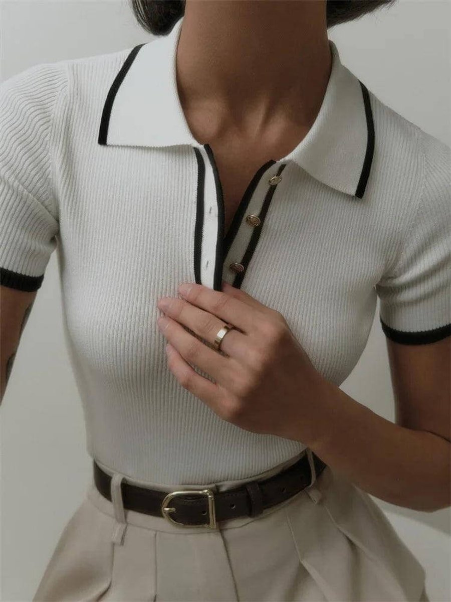 Women's Ribbed Knit Vintage Polo Blouse Short-Sleeve Top