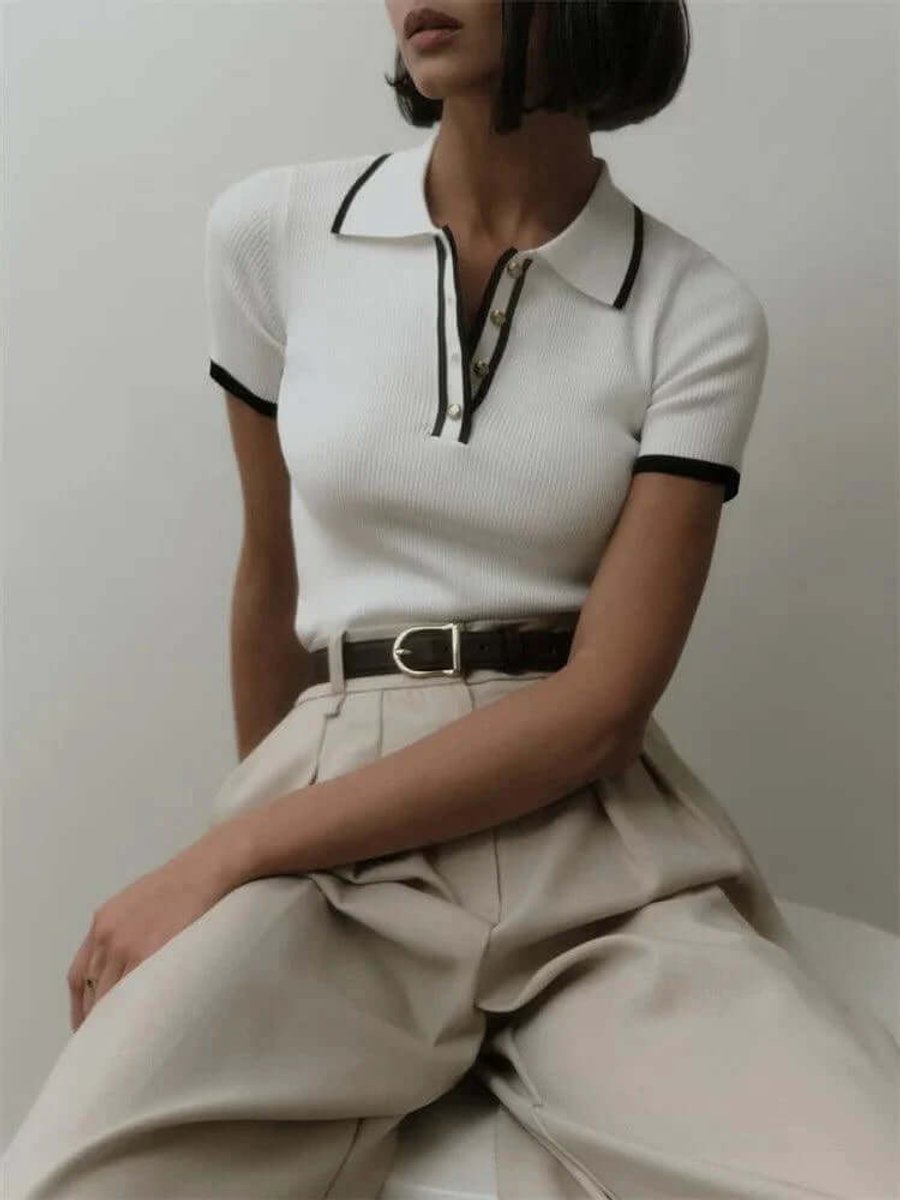Women's Ribbed Knit Vintage Polo Blouse Short-Sleeve Top