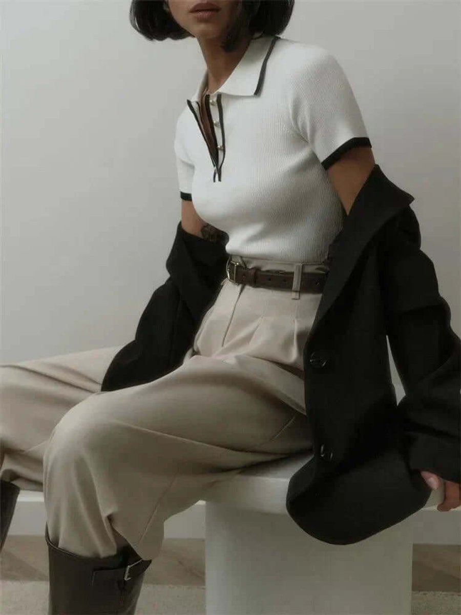 Women's Ribbed Knit Vintage Polo Blouse Short-Sleeve Top