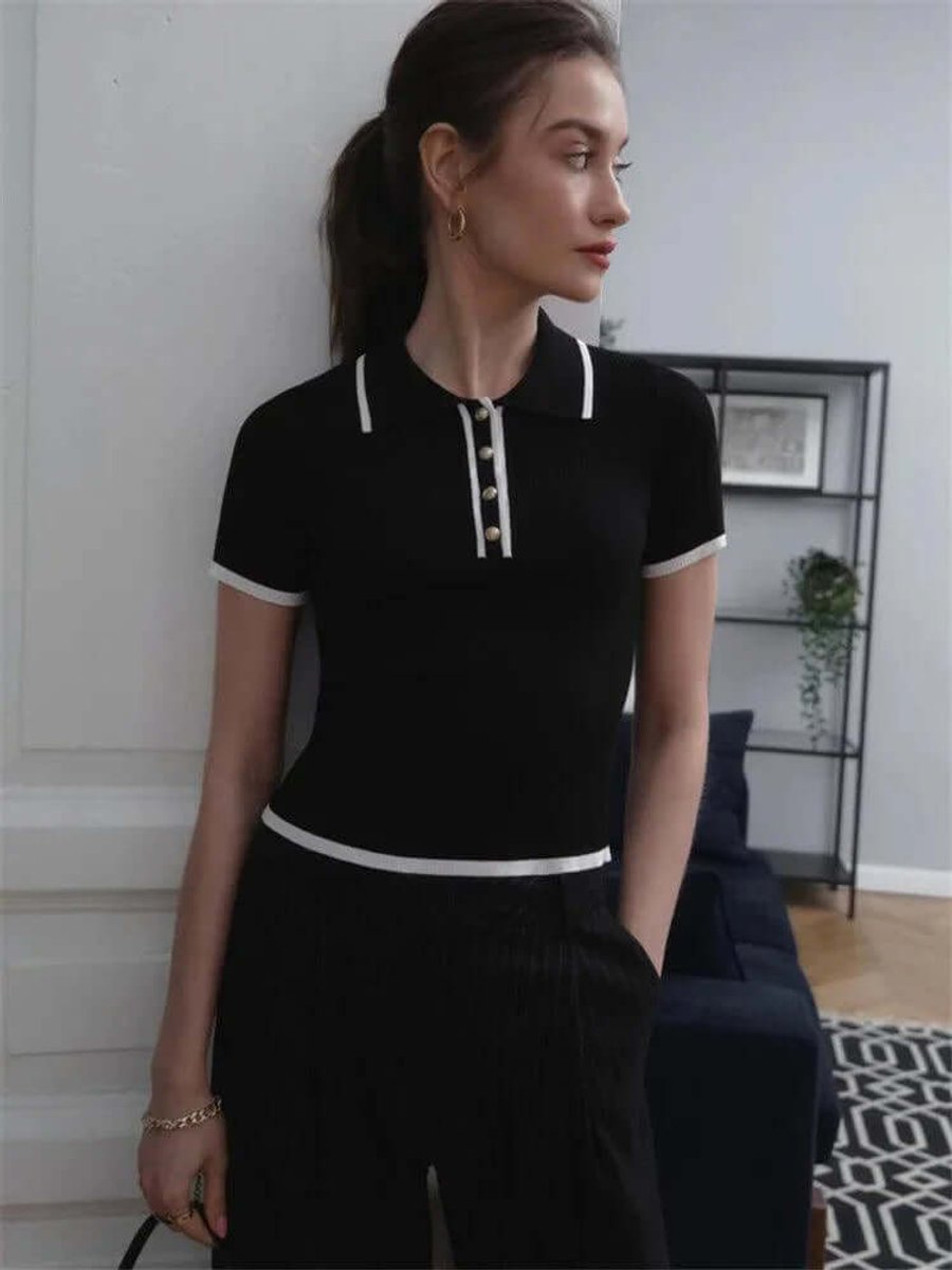Women's Ribbed Knit Vintage Polo Blouse Short-Sleeve Top