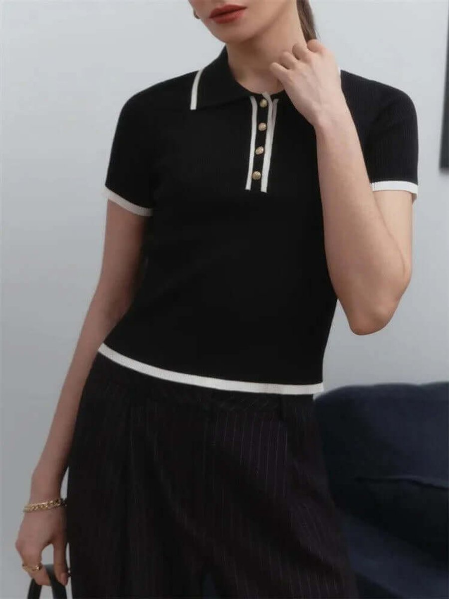 Women's Ribbed Knit Vintage Polo Blouse Short-Sleeve Top
