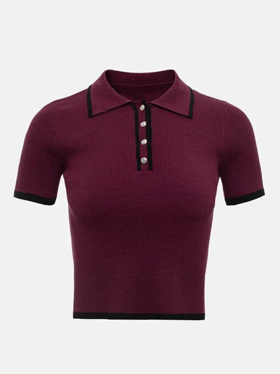 Women's Ribbed Knit Vintage Polo Blouse Short-Sleeve Top