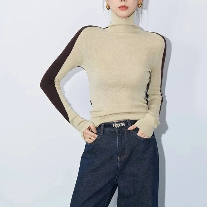 Women's Roll Neck Knitted Jumper Contrast Sleeve Slim Fit Top