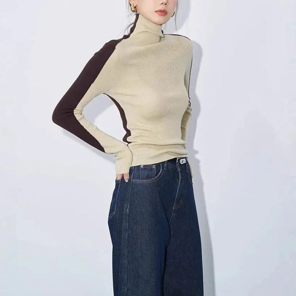 Women's Roll Neck Knitted Jumper Contrast Sleeve Slim Fit Top