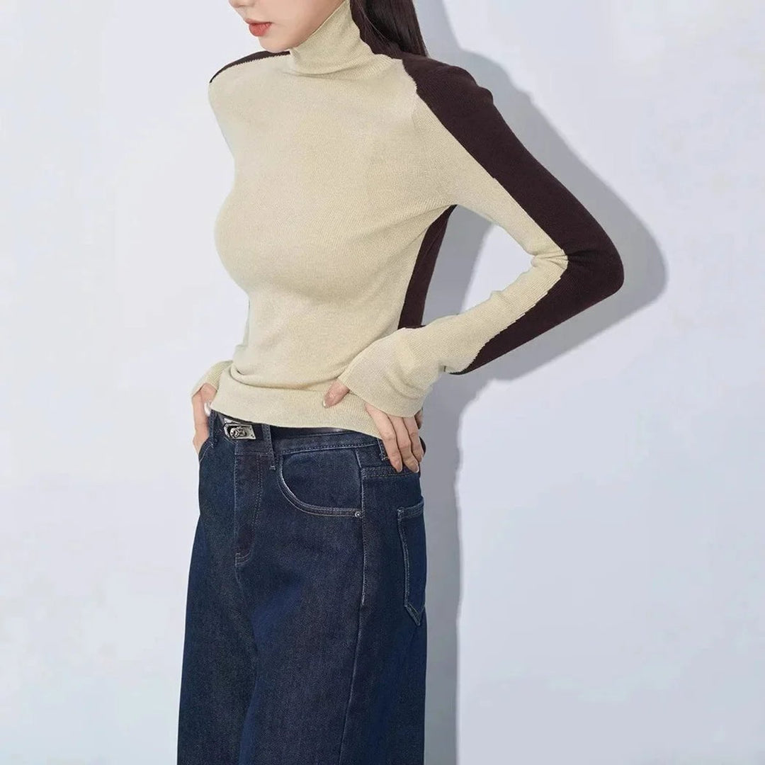Women's Roll Neck Knitted Jumper Contrast Sleeve Slim Fit Top