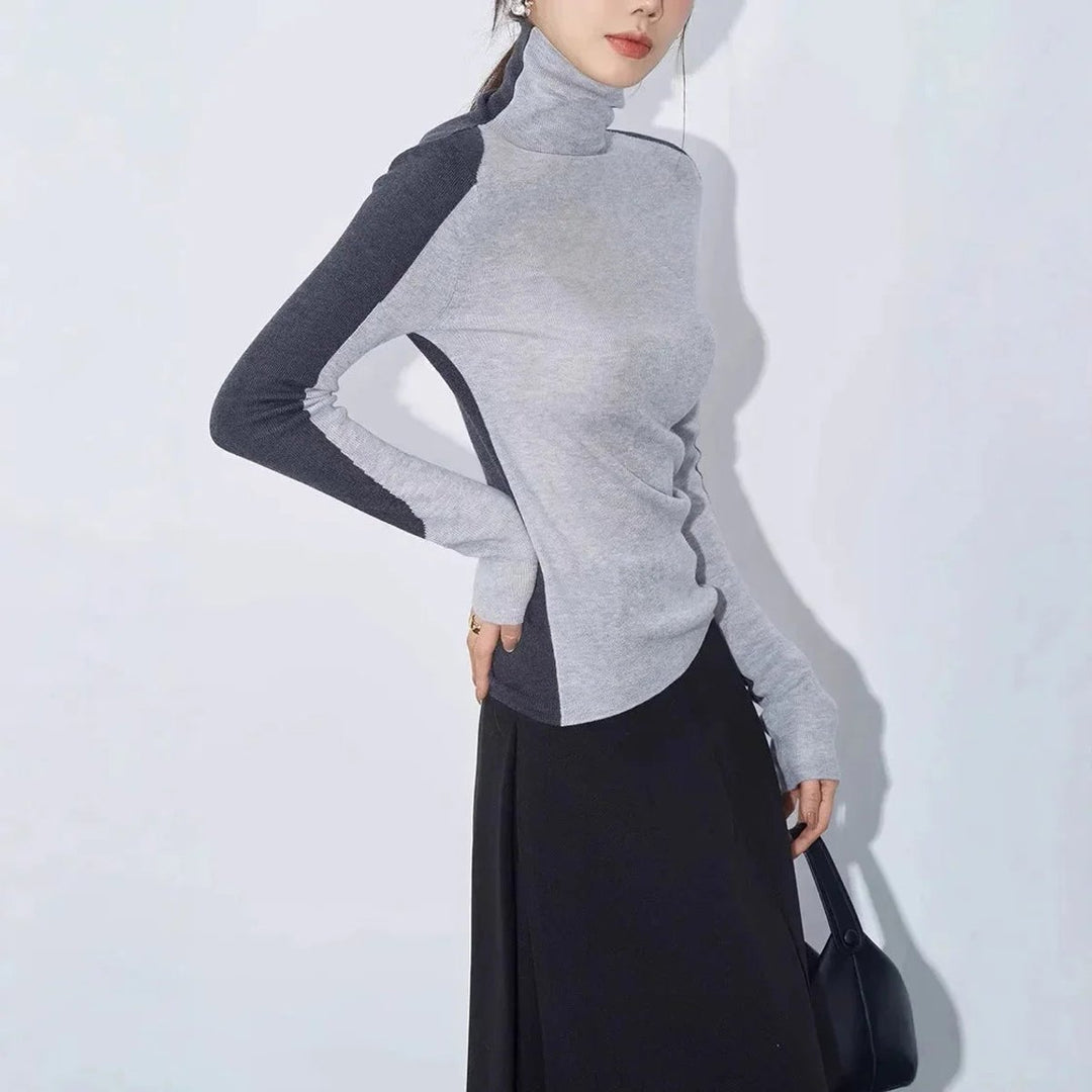 Women's Roll Neck Knitted Jumper Contrast Sleeve Slim Fit Top