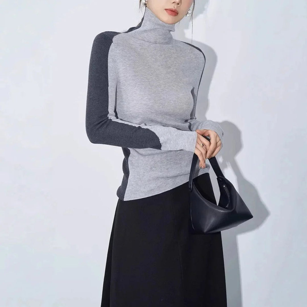 Women's Roll Neck Knitted Jumper Contrast Sleeve Slim Fit Top