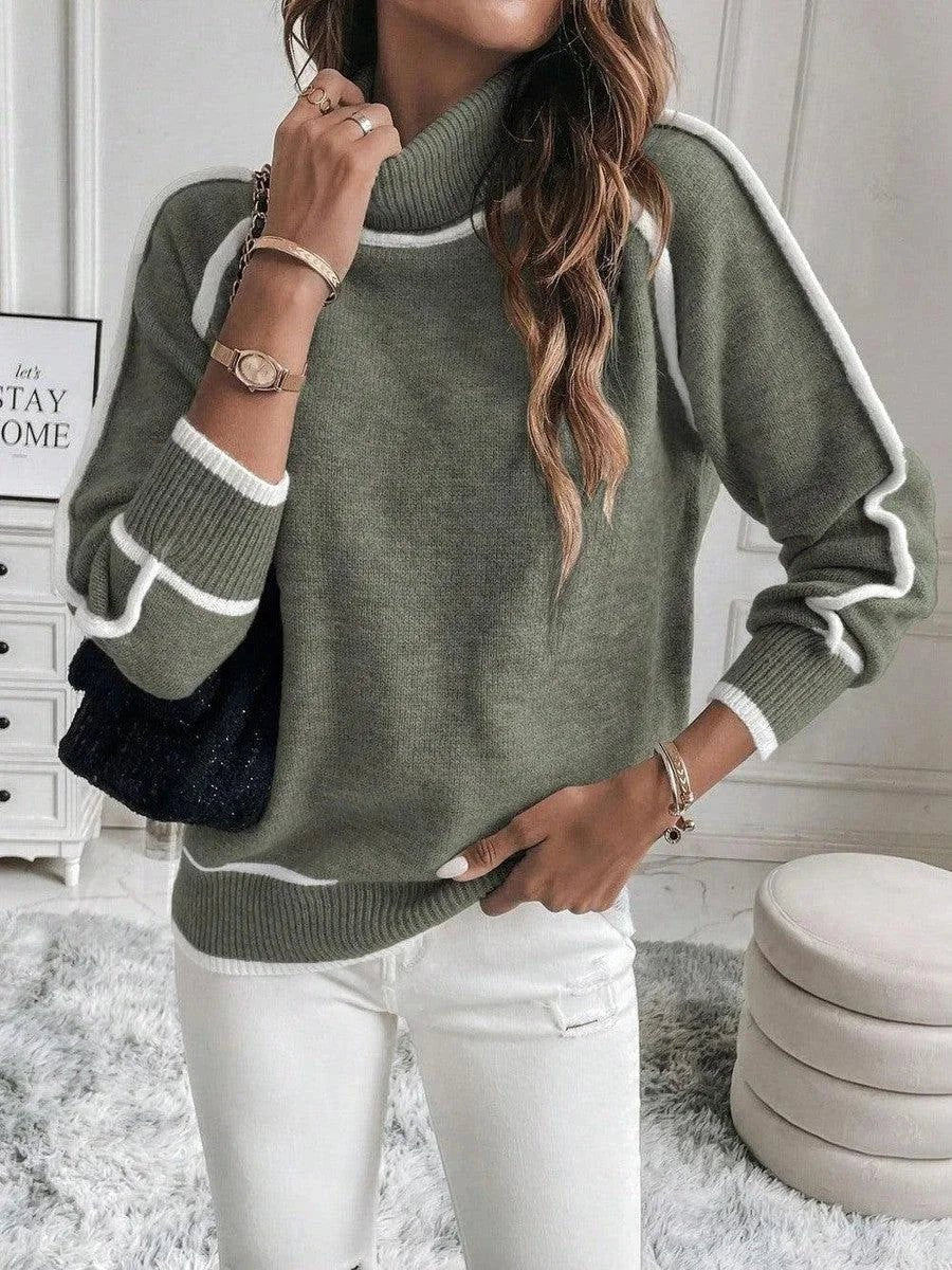 Women's Roll Neck Knitted Jumper Stripe Accent Pullover