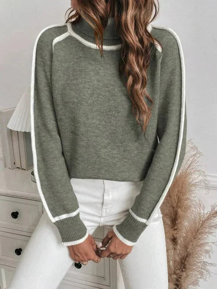 Women's Roll Neck Knitted Jumper Stripe Accent Pullover
