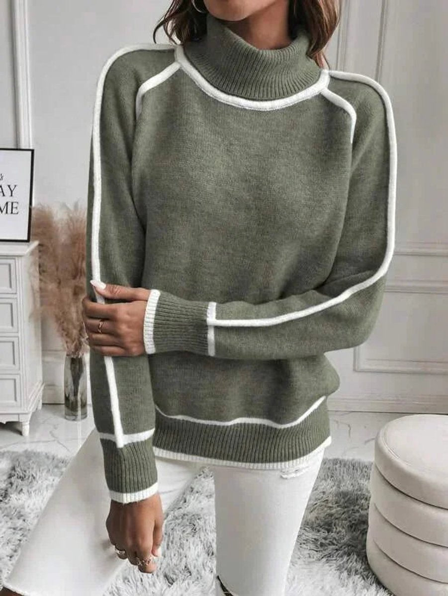 Women's Roll Neck Knitted Jumper Stripe Accent Pullover