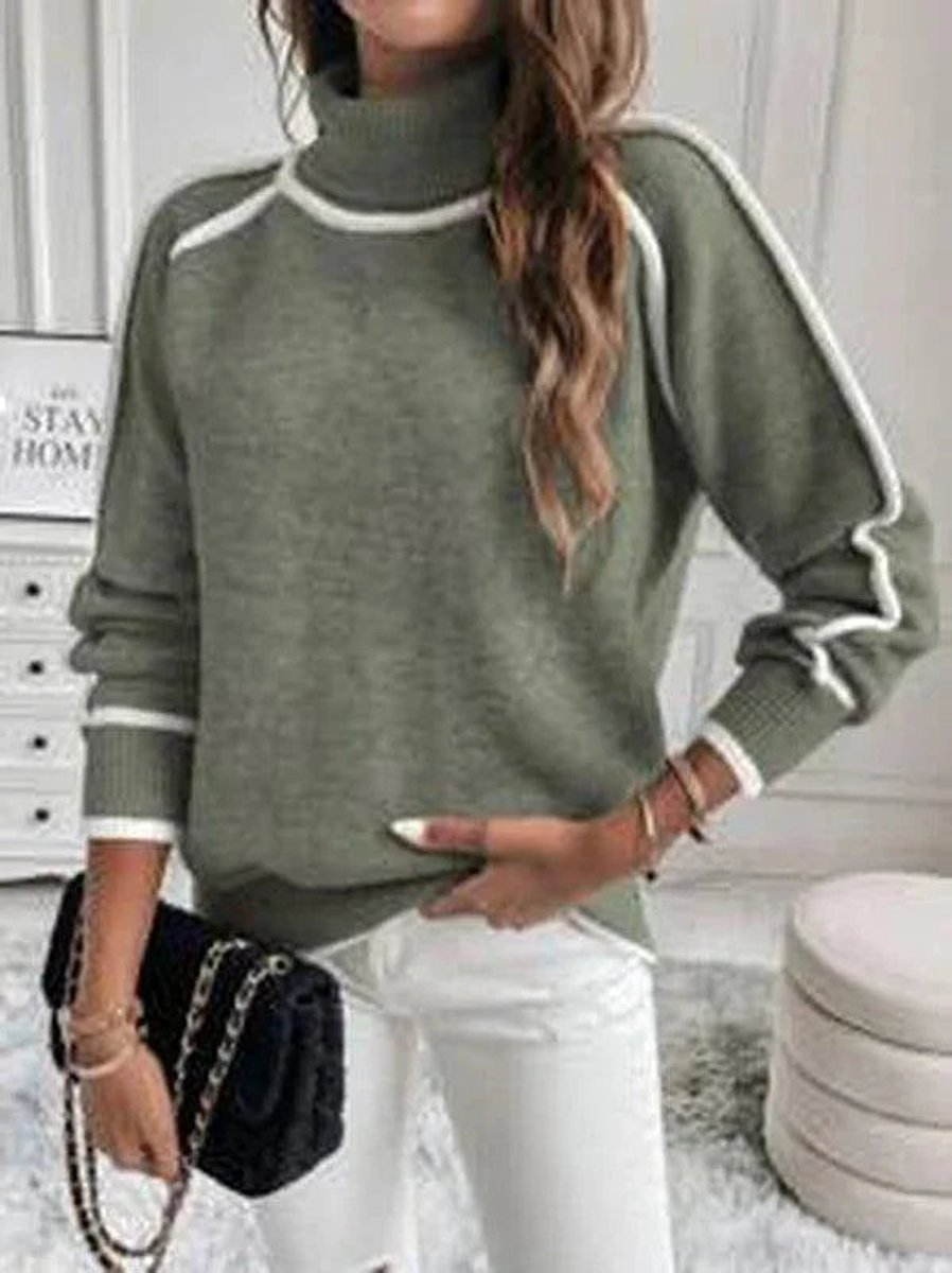 Women's Roll Neck Knitted Jumper Stripe Accent Pullover