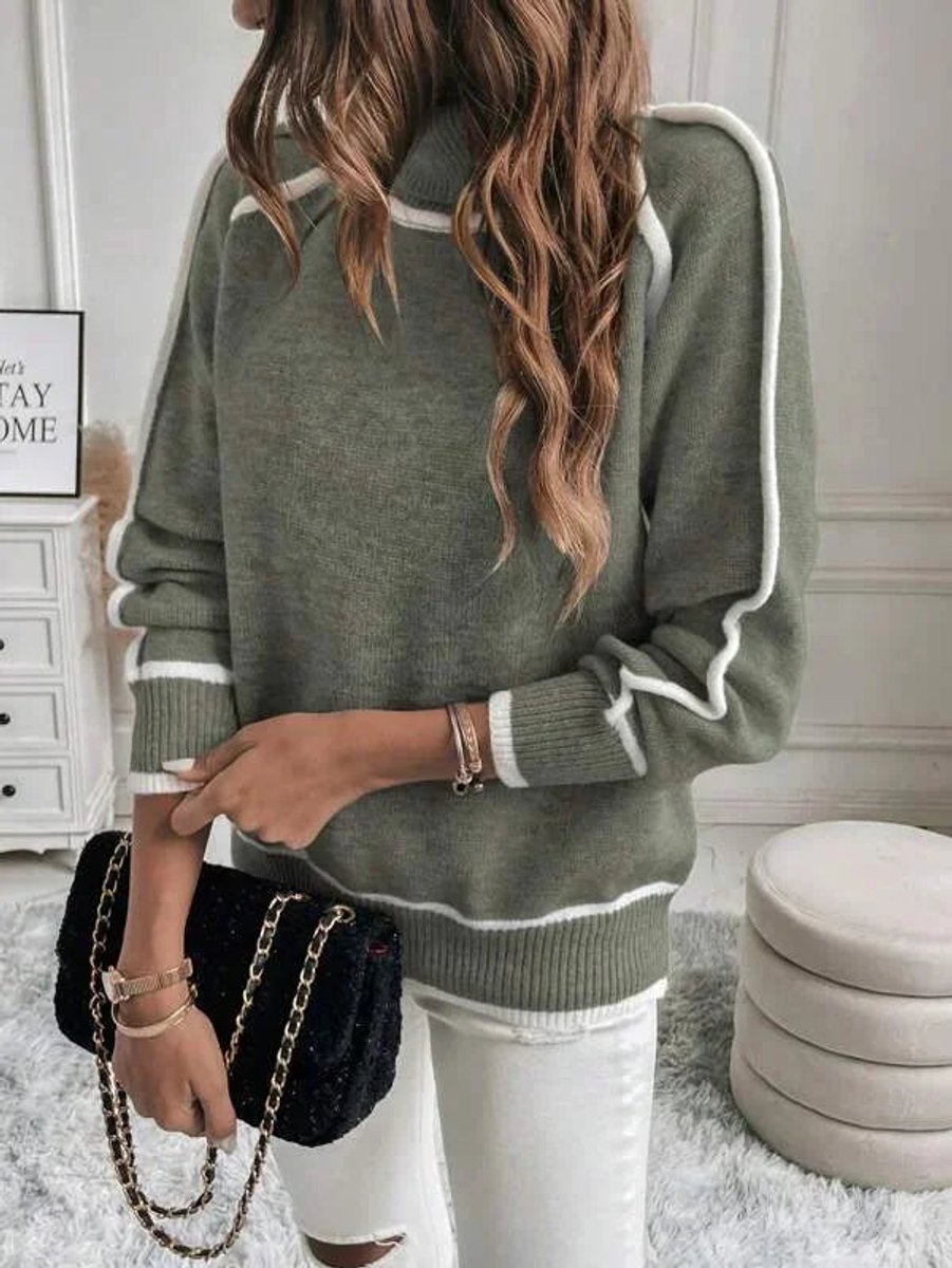 Women's Roll Neck Knitted Jumper Stripe Accent Pullover