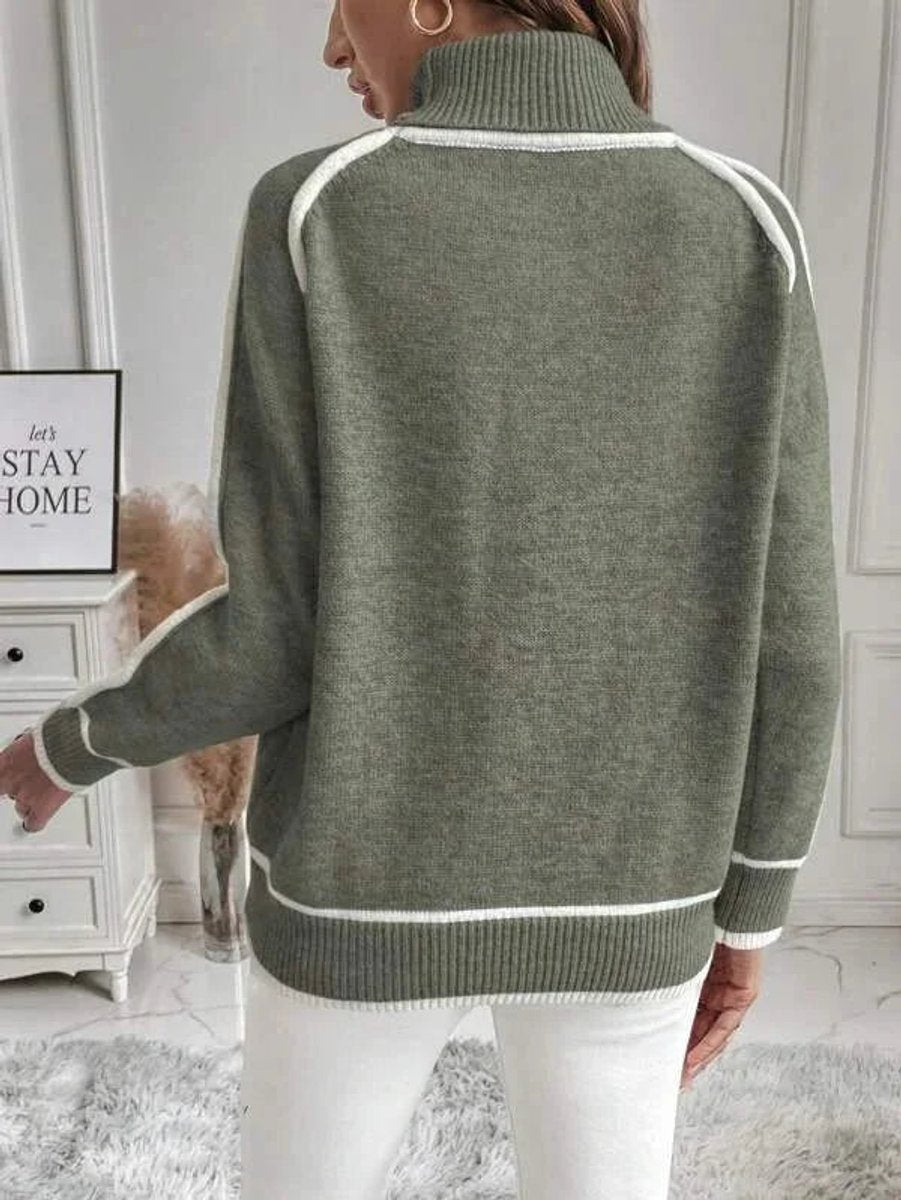 Women's Roll Neck Knitted Jumper Stripe Accent Pullover