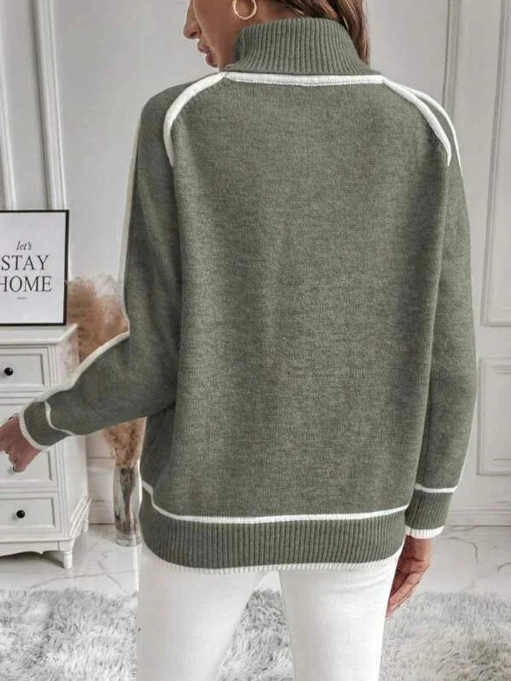 Women's Roll Neck Knitted Jumper Stripe Accent Pullover