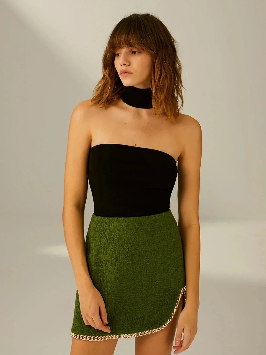 Women's Roll-Neck Strapless Bandeau Top Built-In Choker