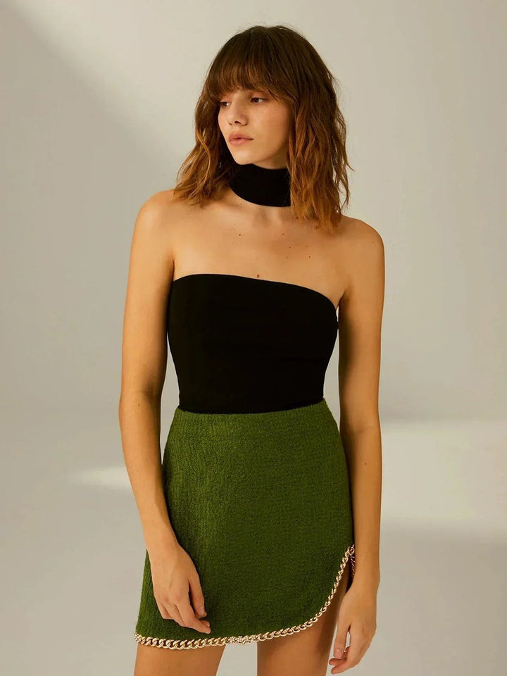 Women's Roll-Neck Strapless Bandeau Top Built-In Choker