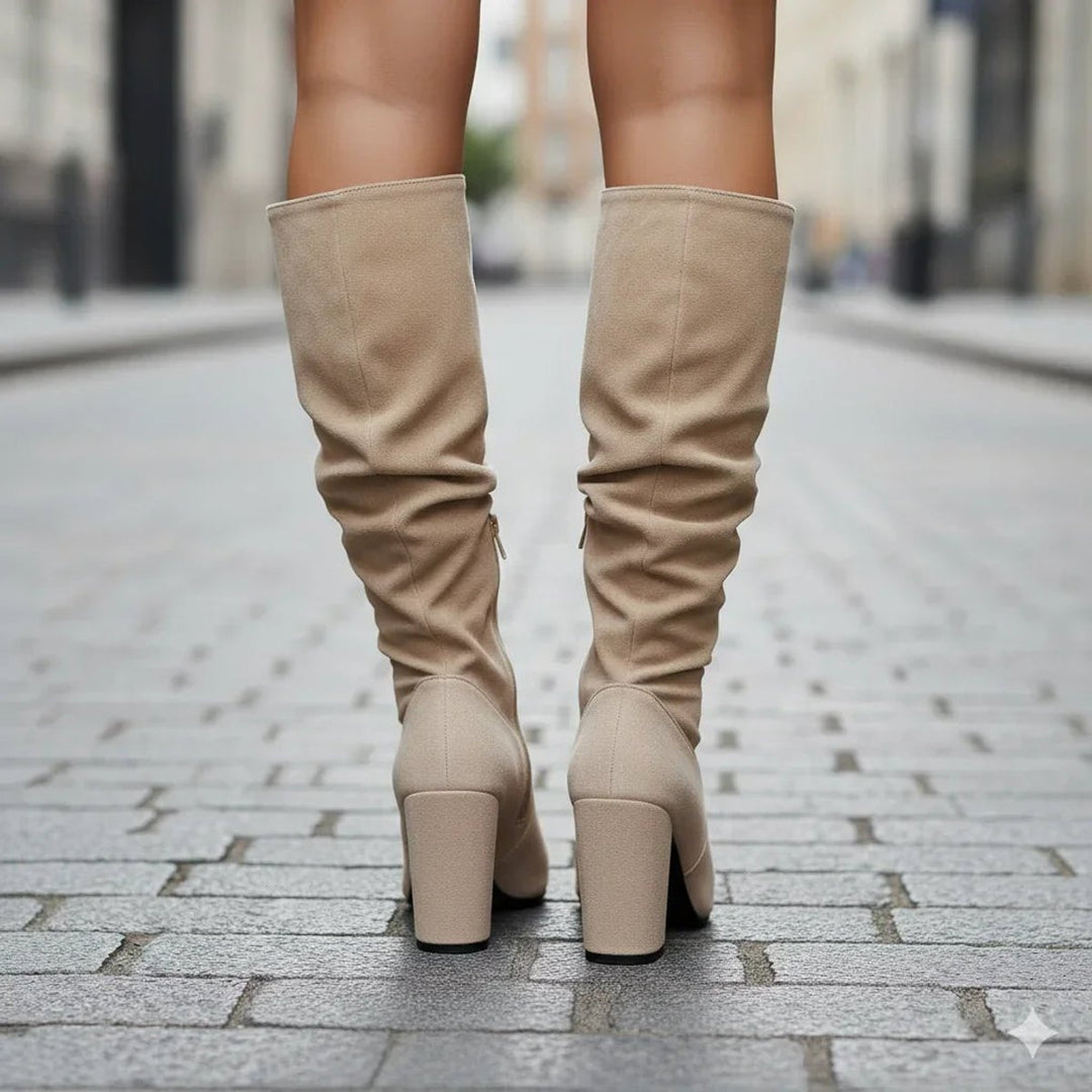 Women's Ruched Knee-High Block-Heel Boots Zip-Up
