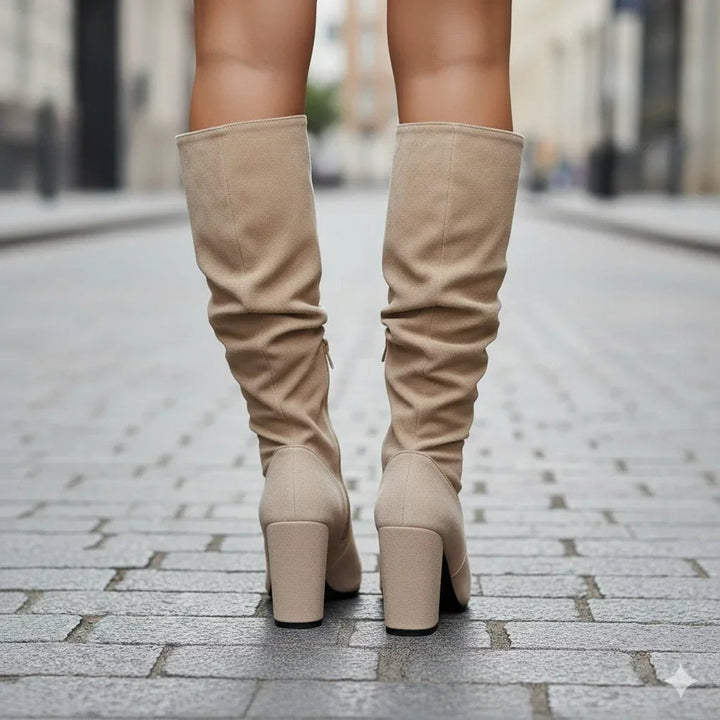Women's Ruched Knee-High Block-Heel Boots Zip-Up